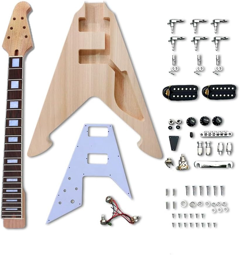 DIY Electric Guitar Kit Flying V Solid Wood Mahogany Guitar Body and 22 Fret 24.75 Inch Neck Build on Own All Components Included