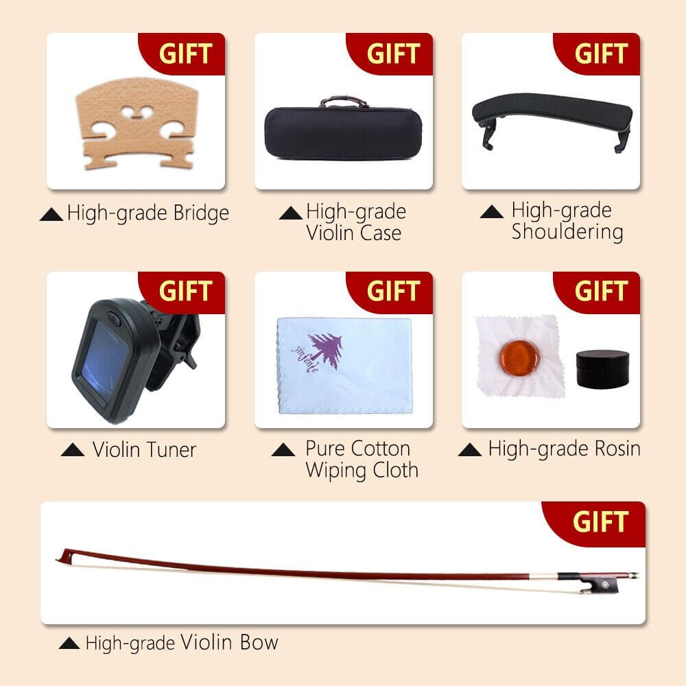 4/4 Full Size Flame Maple 4 String Acoustic Violin Spruce Top Ebony Fittings Solid Wood,Case,Bow,Rosin,Battery-Operated Mini Clip-On Tunerkit,Briage,Shoulder Rest for Beginner. (Fine Grain)