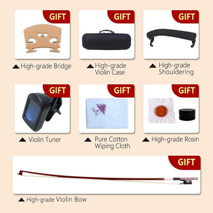 4/4 Full Size Flame Maple 4 String Acoustic Violin Spruce Top Ebony Fittings Solid Wood,Case,Bow,Rosin,Battery-Operated Mini Clip-On Tunerkit,Briage,Shoulder Rest for Beginner. (Fine Grain)