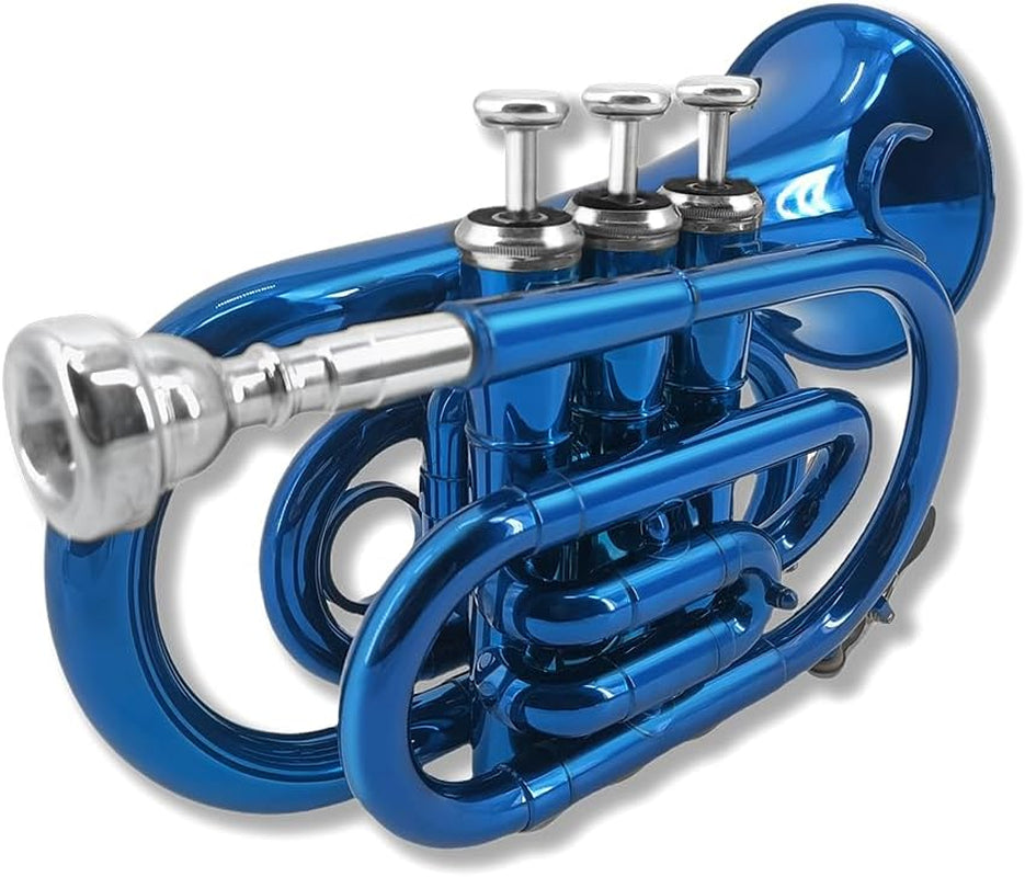 Brass Pocket Trumpet Bb Key Nickel Plated with Mouthpiece 7C, Cleaning Kit, Carrying Case, Gloves for Beginners/Students (Blue)