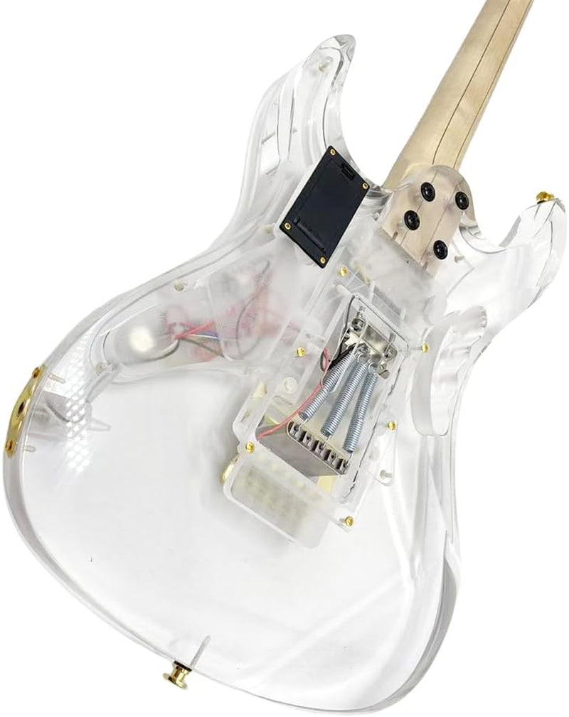 LED Light Electric Guitar Maple Neck Acrylic Body Crystal Guitar Blue Sweet Sound for Beginners,Students,Adults (Kit-Led-Iba)
