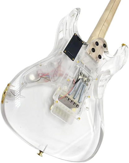 LED Light Electric Guitar Maple Neck Acrylic Body Crystal Guitar Blue Sweet Sound for Beginners,Students,Adults (Kit-Led-Iba)