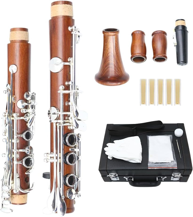 Bb Clarinet for Beginner 17 Key Nickel-Plated Rosewood B Flat Clarinet with 2 Barrels,Hard Case,Cleaning Kit,Mouthpiece,Cork Grease,Gloves，Reeds,Cushion