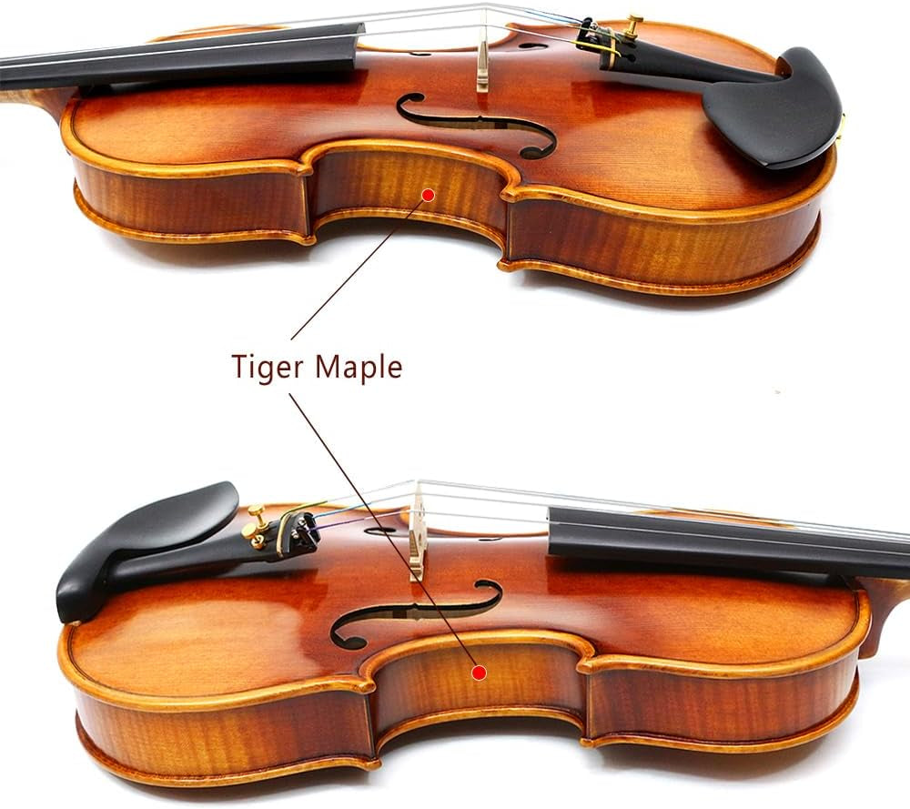 4/4 Full Size Flame Maple 4 String Acoustic Violin Spruce Top Ebony Fittings Solid Wood,Case,Bow,Rosin,Battery-Operated Mini Clip-On Tunerkit,Briage,Shoulder Rest for Beginner. (Fine Grain)