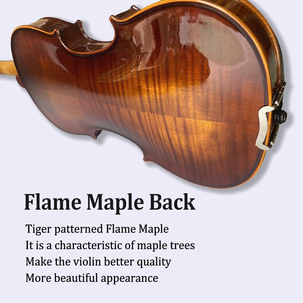 Acoustic Violin Kit for Beginners, 1/2 Size, 4 String, Ebony Flame Maple Spruce Wood, with Case, Bow, Shoulder Rest, Strings, Tuner (1/2)