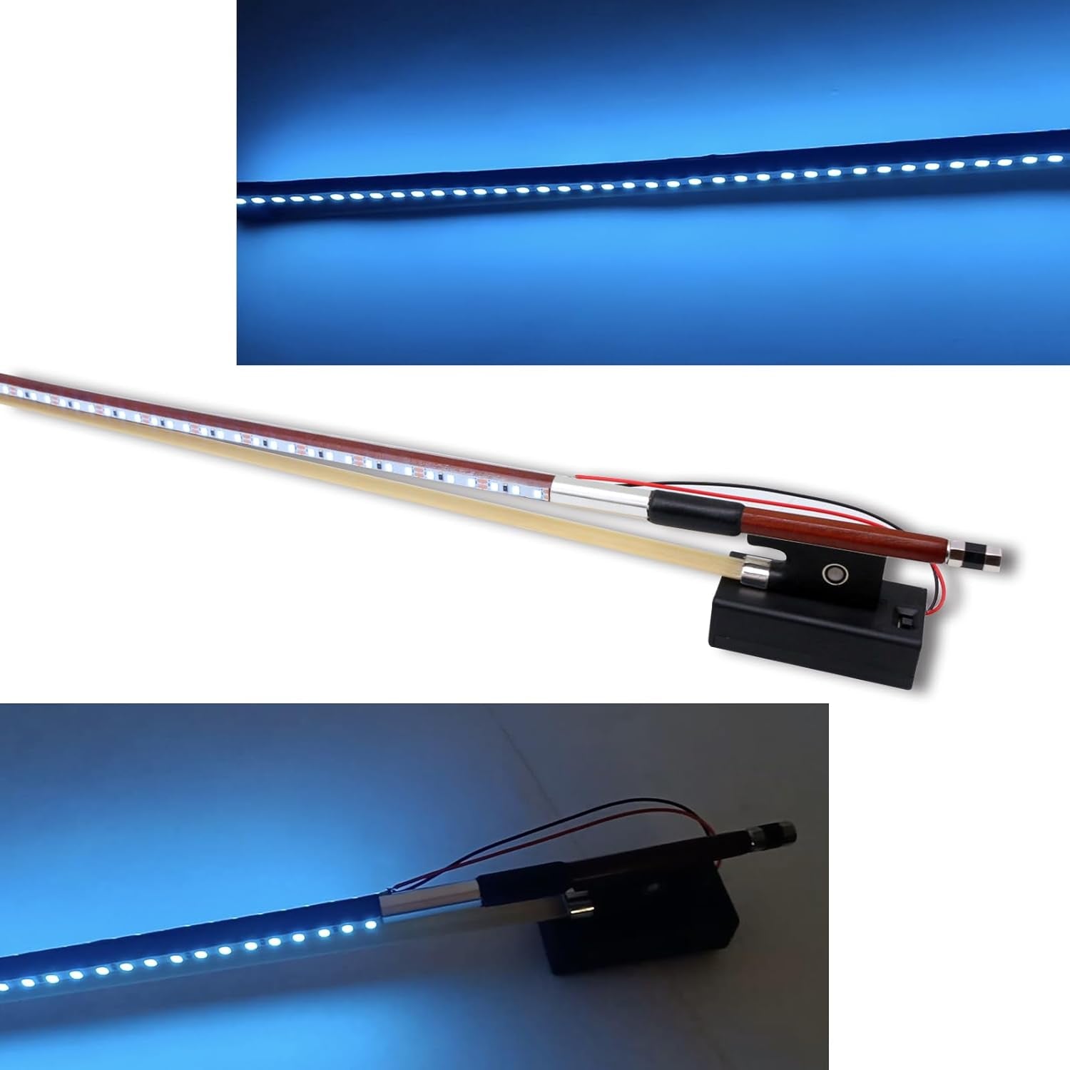 Brazilwood Violin Bow 4/4 Full Size with Blue LED Light Natural Mongolian Stallion Bow Hair Ebony Frog with Nice Pearl Inlay