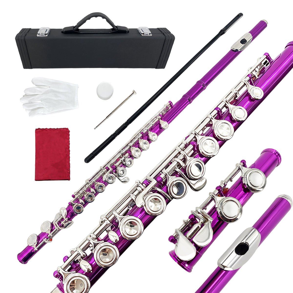 Yinfente 16 Hole C Flute with Gloves, Cleaning Rod, Case, Cleaning Clothe - Nickel Silver Body, Closed Hole, for Student and Beginner