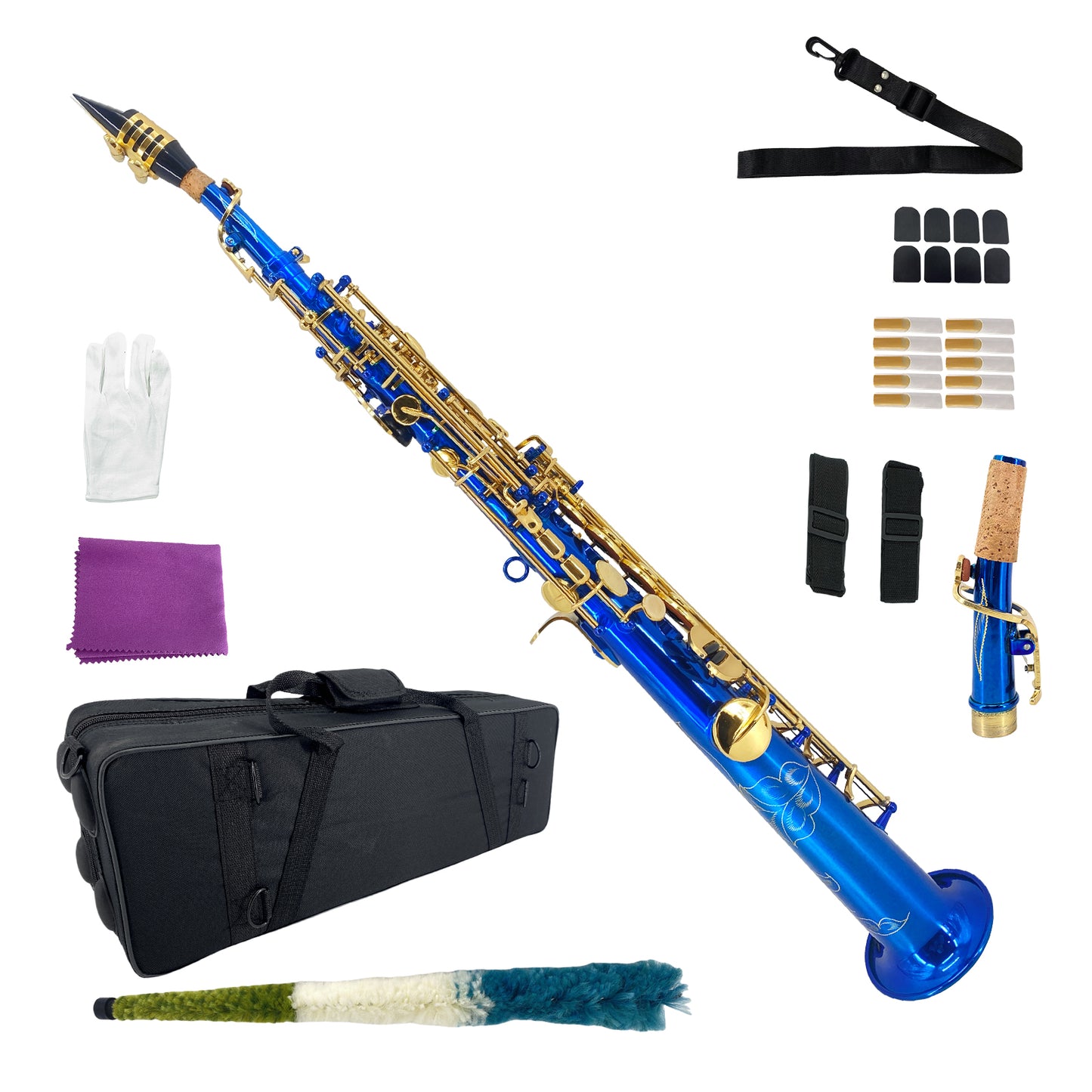 Bb Soprano Saxophone Straight Gold Sax Instruments for Beginners Students with Mouthpiece Carrying Case Straps 10Reeds (Blue)