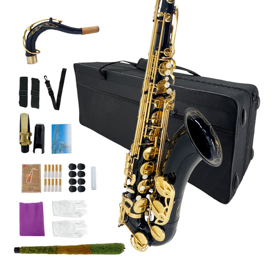 Yinfente Bb Tenor Saxophone Professional Beginner Kit-B Flat Tenor Sax Complete Student Set with Hard Case,Reeds,Cleaning Cloth,Neck Straps,Mouthpiece Black&Gold