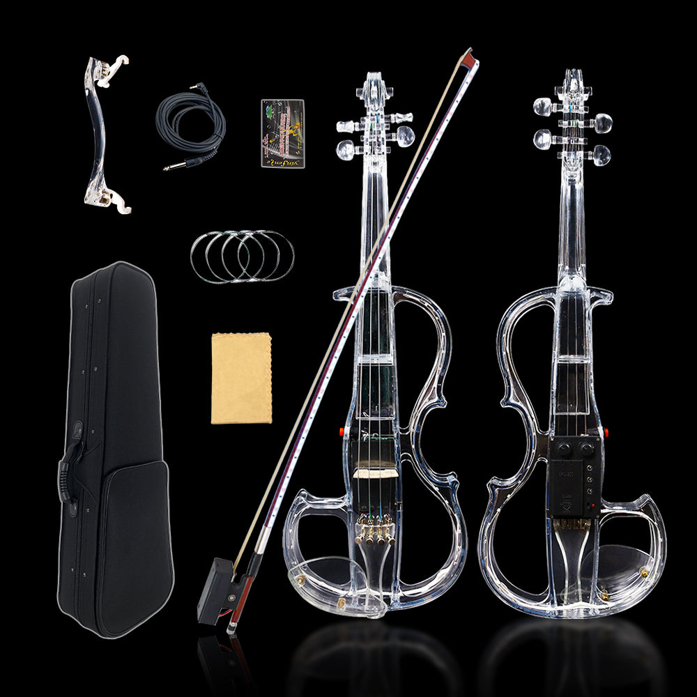 Yinfente Electric Violin 4/4 Full Size Transparent Acrylic Body Led Light Three Colors Led Bow Case Transparent Violin Shoulder Rest Extra Strings for Beginner